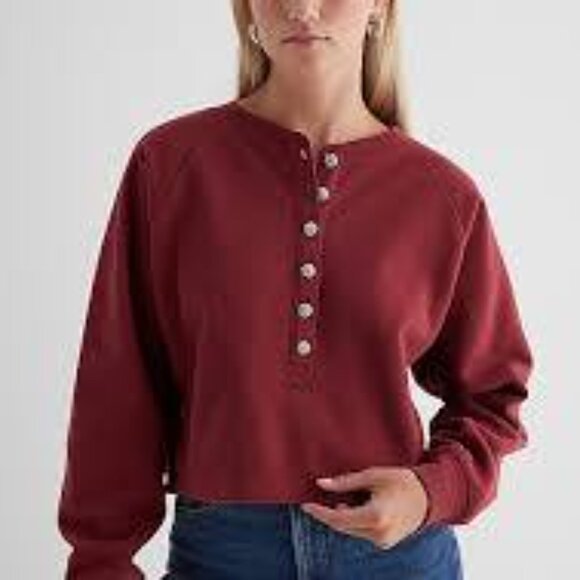 Express Rhinestone Button Henley Fleece Sweatshirt Crop boxy fit Size Large - Picture 1 of 10